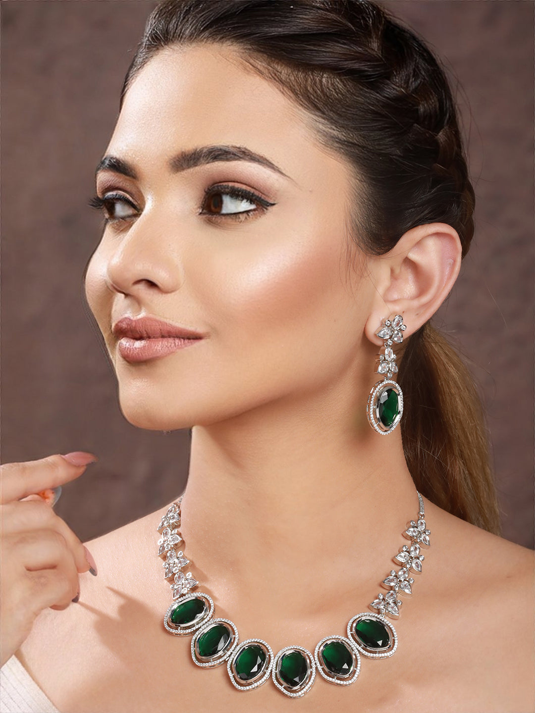 Silver Toned Green CZ Studded Designer Necklace Jewellery Set